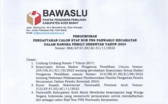 Pengumuman Perekrutan Staf Non PNS di Sekretariat Panitia Pengawas Kecamatan (Panwascam) se-Kabupaten Aceh Barat